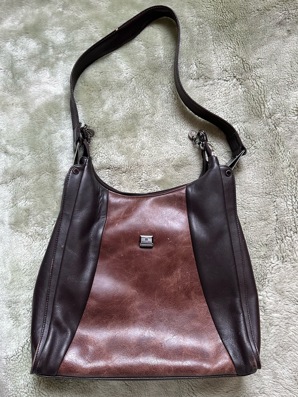 Two-Tone Brown Leather Shoulder Bag with Metal Logo Plaque